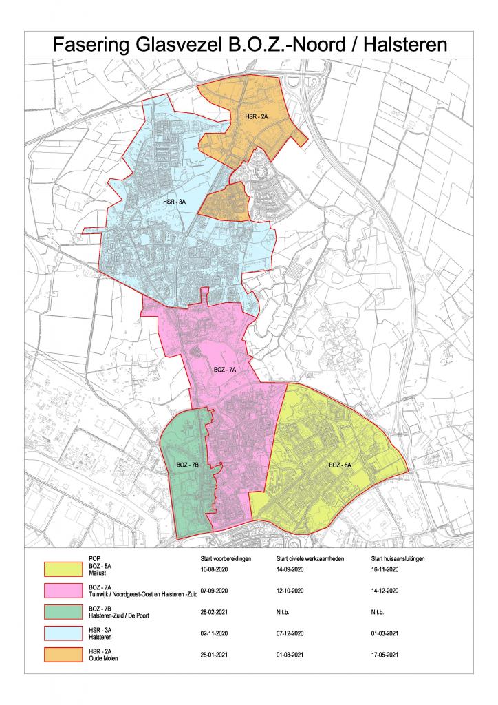 Kaart met wijken in de gemeente en de planning waar glasvezel wordt aangelegd